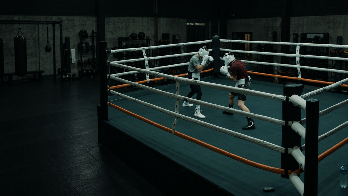 Two fighters sparring in burgundy and slate clothing in a boxing gym