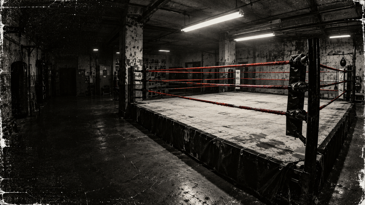Empty boxing ring in a gritty underground gym