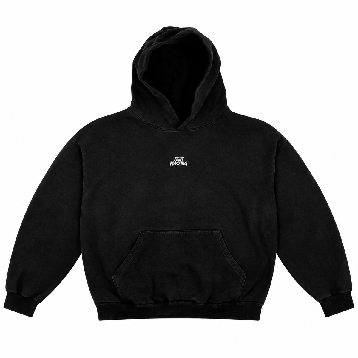 Fight Maxxing oversized hoodie in black, front view with small embroidered wordmark