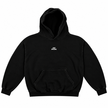 Fight Maxxing oversized hoodie in black, front view with small embroidered wordmark
