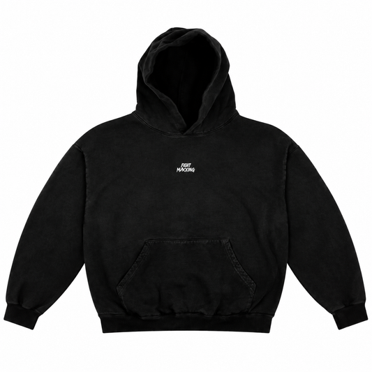 Fight Maxxing oversized hoodie in black, front view with small embroidered wordmark