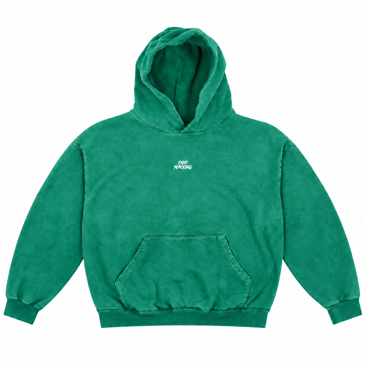Fight Maxxing oversized hoodie in green, front view with small embroidered wordmark