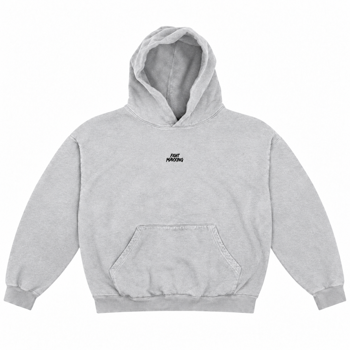 Fight Maxxing oversized hoodie in grey, front view with small embroidered wordmark