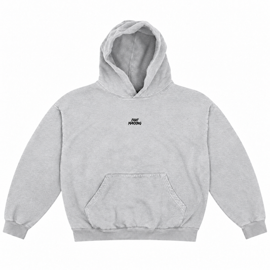 Fight Maxxing oversized hoodie in grey, front view with small embroidered wordmark
