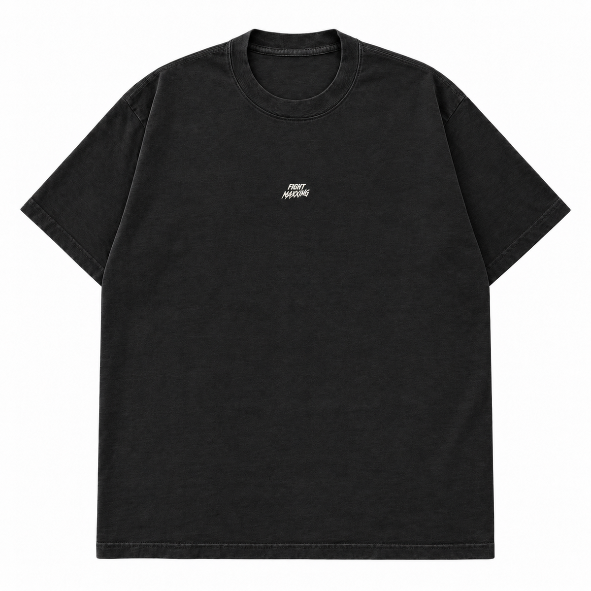 Fight Maxxing relaxed tee in black, front view with small embroidered wordmark