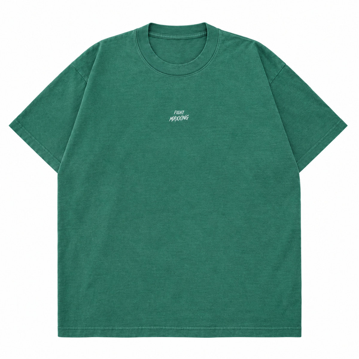 Fight Maxxing relaxed tee in green, front view with small embroidered wordmark