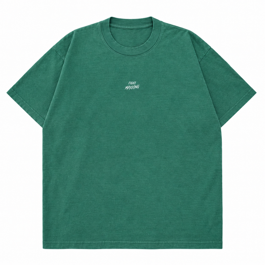 Fight Maxxing relaxed tee in green, front view with small embroidered wordmark