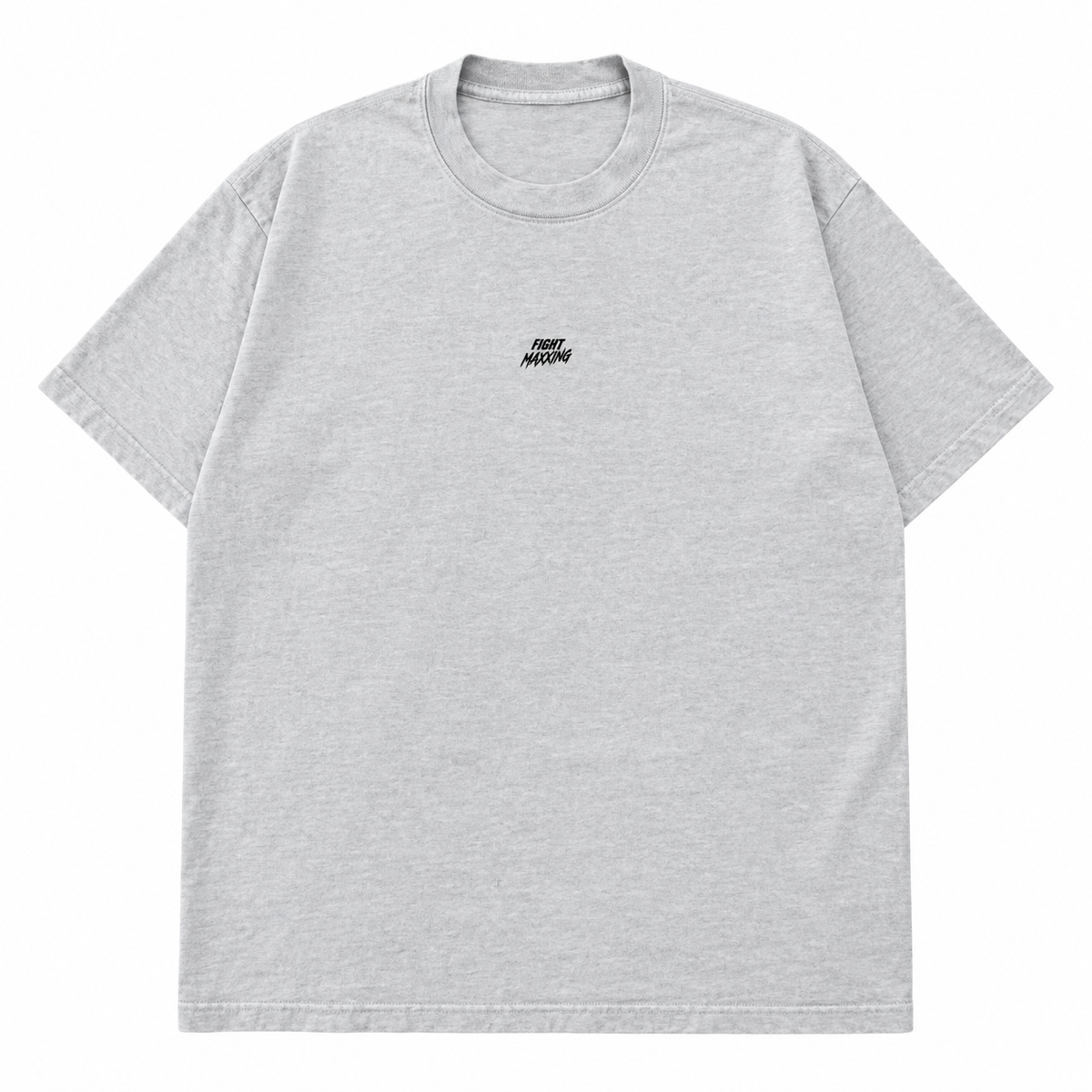 Fight Maxxing relaxed tee in grey, front view with small embroidered wordmark